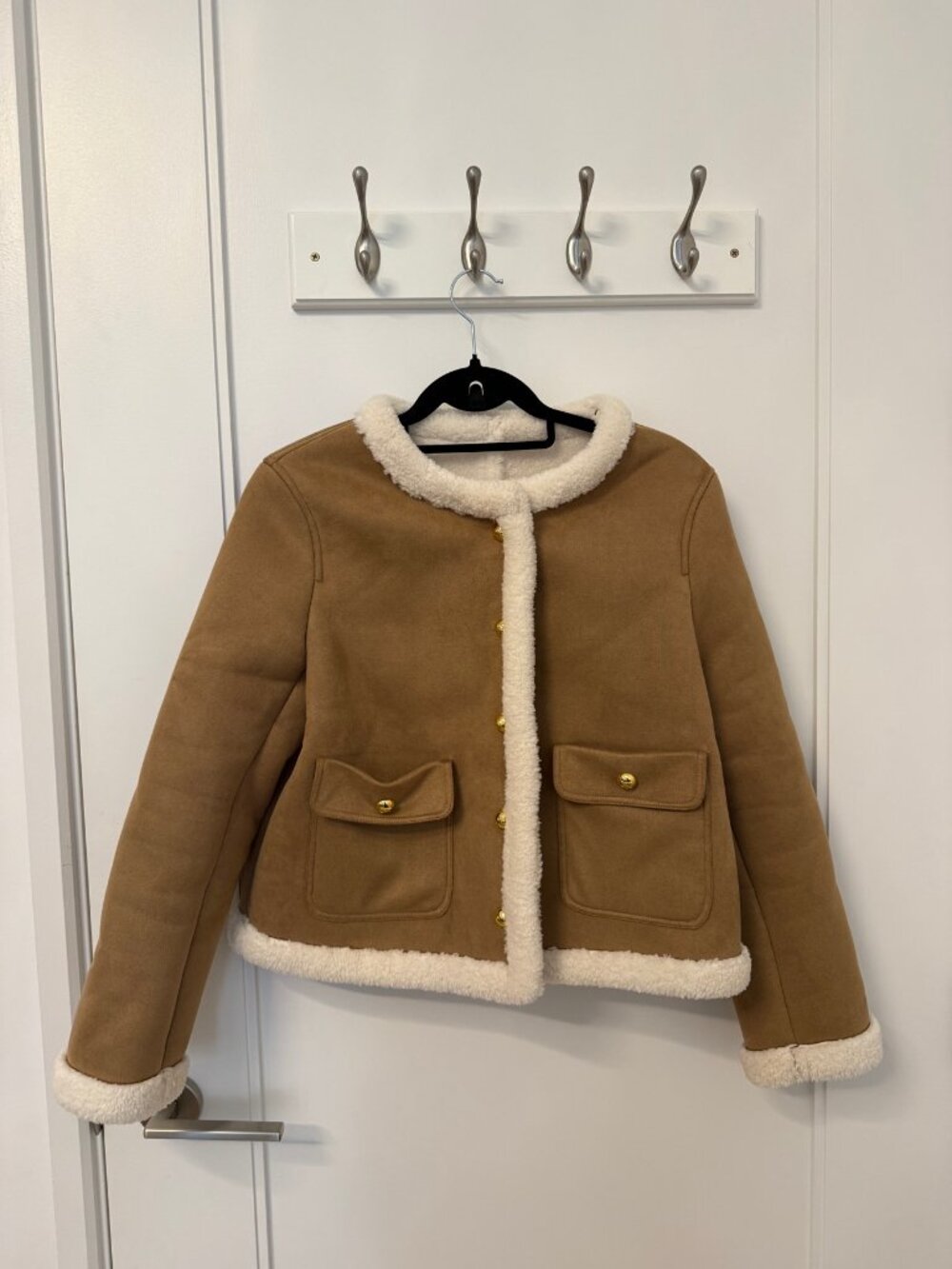 Tan Faux Shearling Sherpa Jacket Gold Buttons Size 38